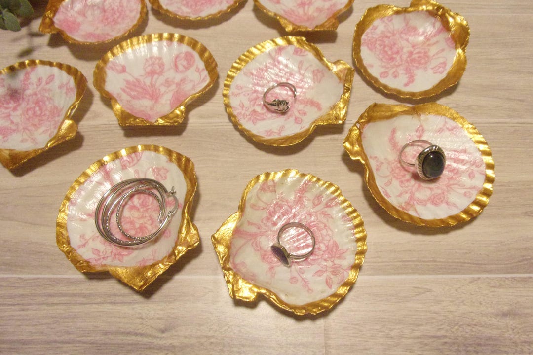 Scalloped Shell Ring Holder Jewelry Trinket Dish With Pink Flowers ...