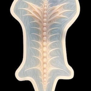 May include: A translucent, off-white silicone mould featuring a central, raised spinal column design with symmetrical, branching, thorn-like protrusions extending outward. The mould has a smooth, organic shape with a thick, raised border edge.