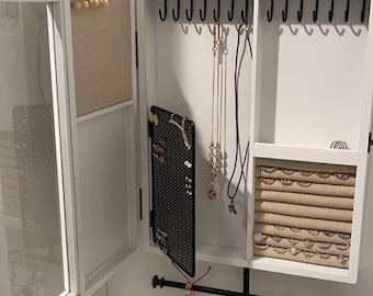 Wooden Wall Mounted Jewelry Organizer with Cabinet | Wall Jewelry Holder | Earring Display | Necklace Organizer | Jewelry Storage