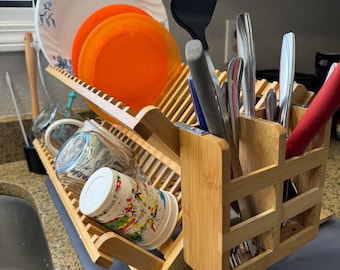 Foldable 2-Tier Bamboo Dish Drying Rack with Utensil Holder & Absorbent Mat – Wooden Collapsible Dish Rack for Kitchen Counter