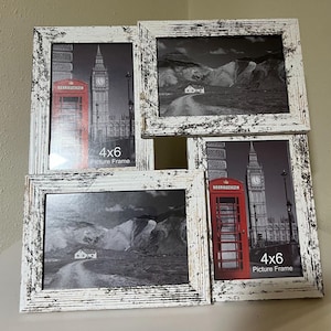 May include: A multi-photo picture frame with four openings. The frame is white with a distressed finish. Two openings feature black and white landscape photos. The other two openings feature a red telephone booth and Big Ben with the text "4x6 Picture Frame."
