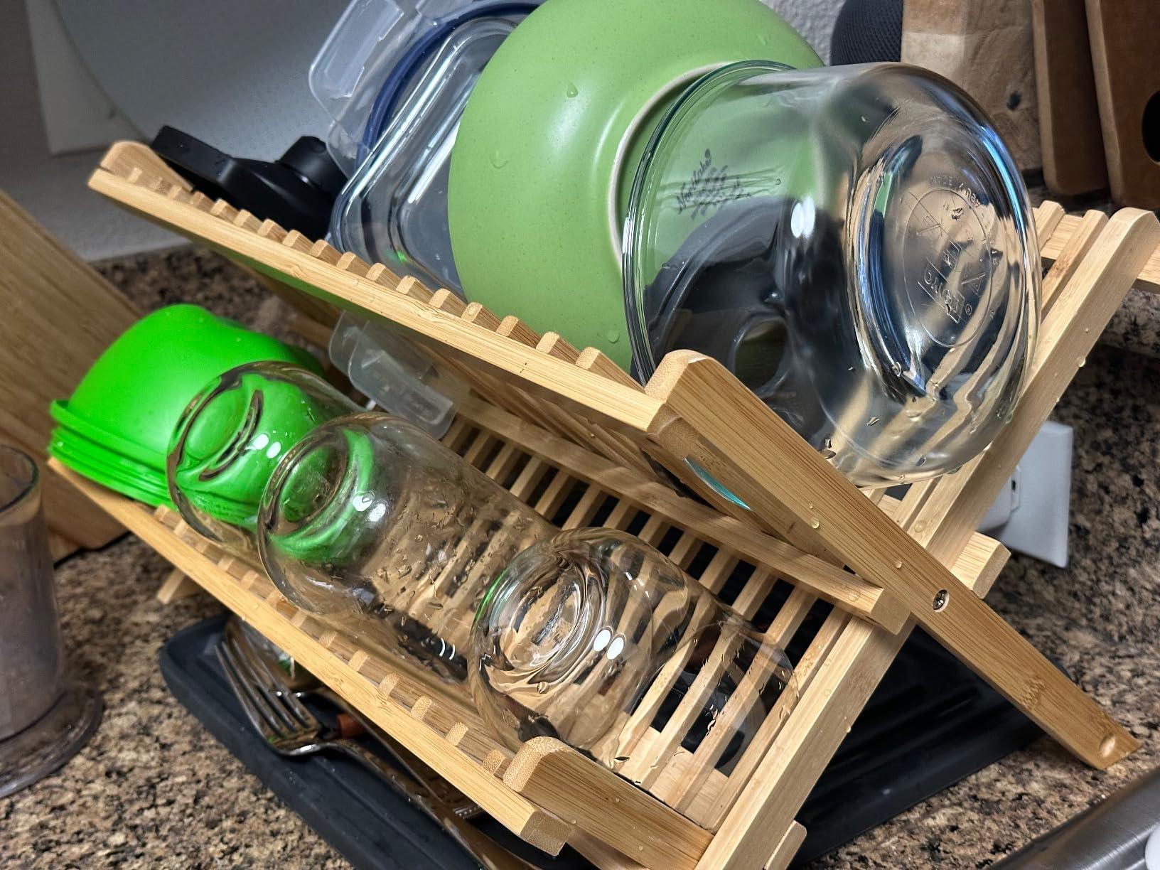Foldable Bamboo Dish Drainer & Cutlery Rack Set Of 2 With Utensil Holder