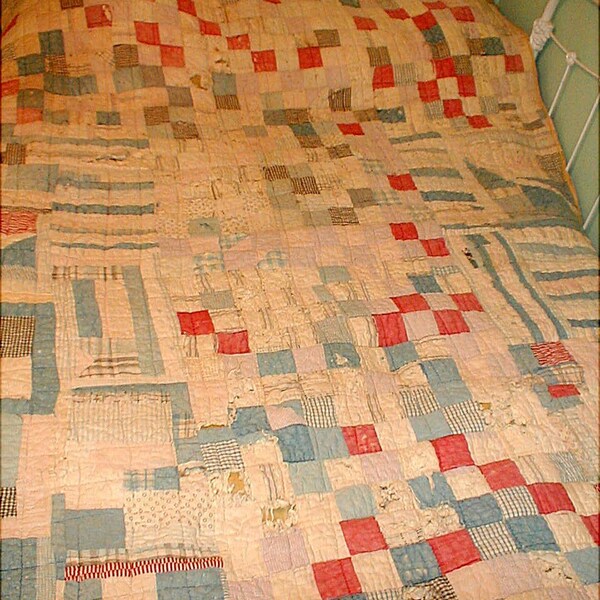 Vintage Scrap Quilt, 1930s, Feed Sack, All Cotton, Handmade, Cutter or Use As Is, 80 x 62