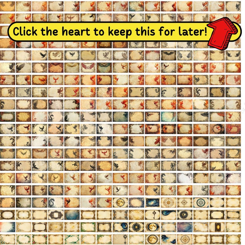 May include: A grid of vintage-style rectangular labels with various illustrations of dragons, birds, and other fantasy creatures. The labels are in shades of brown and beige, with decorative borders. Text at the top says "Click the heart to keep this for later!"