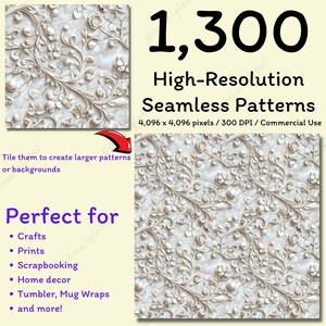 May include: A collection of 1,300 high-resolution seamless patterns featuring a white, embossed floral design. The patterns are 4,096 x 4,096 pixels and 300 DPI. They are perfect for crafts, prints, scrapbooking, home decor, and more.