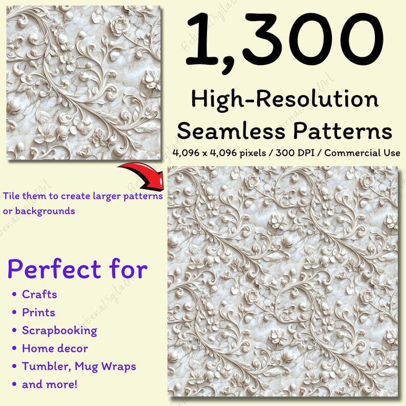 May include: A collection of 1,300 high-resolution seamless patterns featuring a white, embossed floral design. The patterns are 4,096 x 4,096 pixels and 300 DPI. They are perfect for crafts, prints, scrapbooking, home decor, and more.