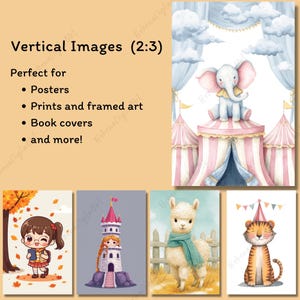 May include: A collection of vertical images with a circus theme, including an elephant on a circus tent, a girl with a book, a princess in a tower, a llama with a scarf, and a tiger with a party hat. Text reads "Vertical Images (2:3)"