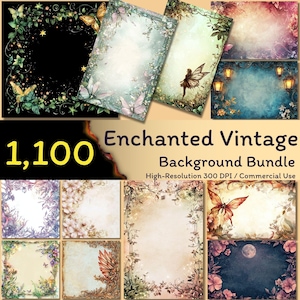 Puede incluir: Un conjunto de fondos digitales de estilo vintage. La imagen presenta varios diseños, incluyendo motivos florales, de hadas y celestiales. El texto dice "1,100 Enchanted Vintage Background Bundle". Alta resolución, para uso comercial.
