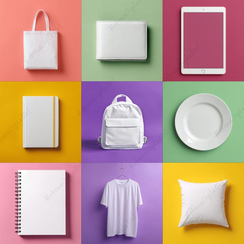 May include: A selection of white items against coloured backgrounds. Includes a tote bag, wallet, tablet, notebook, backpack, plate, spiral notebook, t-shirt, and cushion. Items are arranged in a grid.