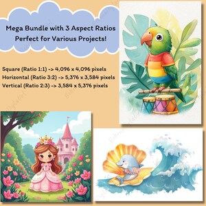 May include: A digital art bundle with three aspect ratios: square, horizontal, and vertical. The images include a parrot playing drums, a princess in a garden, and a dolphin on a wave. The text reads "Mega Bundle with 3 Aspect Ratios Perfect for Various Projects!"
