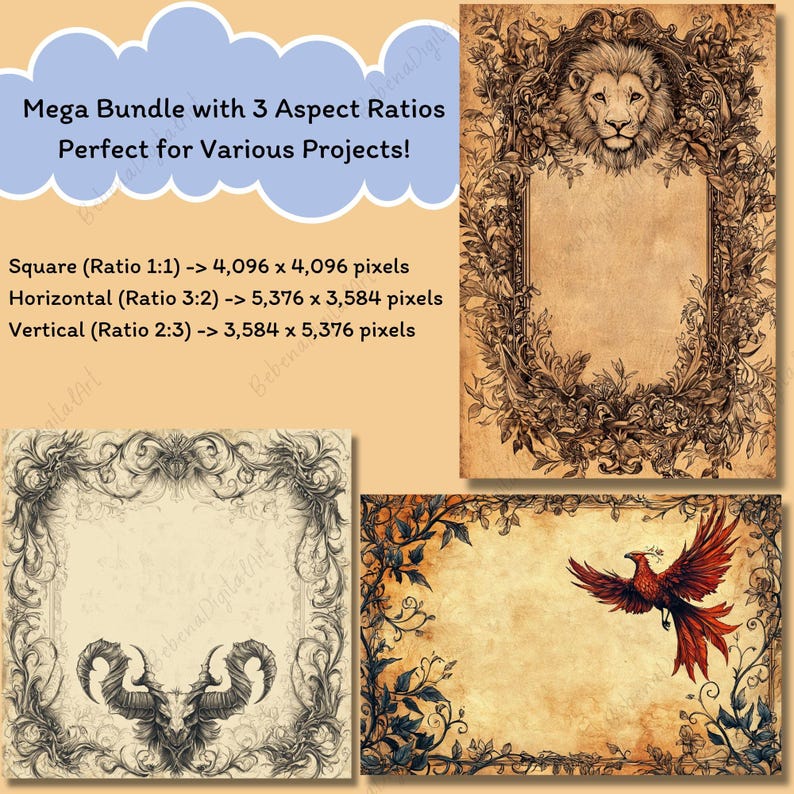 May include: A digital art bundle featuring three aspect ratios for various projects. The image showcases three designs: a lion's head in a floral frame, a frame with ram horns, and a phoenix rising from flames. The text indicates the pixel dimensions for each ratio.