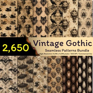 May include: A digital collection of 2,650 seamless patterns featuring vintage-style illustrations of black swans, angels, wolves, ravens, gargoyles, grim reapers, bats, umbrellas, flowers, masks, coffins, and ghosts on aged, textured parchment backgrounds.