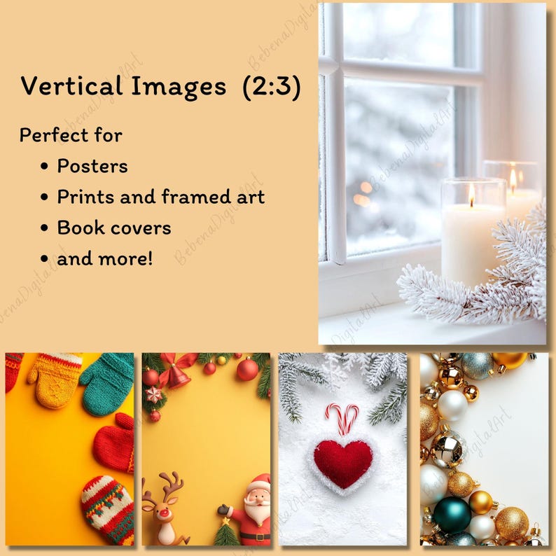 以下が含まれることがあります： クリスマスをテーマにした、縦長の画像が5つあります。最初の画像は、赤、緑、青のニットの手袋が置かれた黄色の背景です。2番目の画像は、赤と緑のクリスマスオーナメントとトナカイの置物が置かれた黄色の背景です。3番目の画像は、キャンディーケーンがついた赤いハート型のオーナメントが置かれた白い背景です。4番目の画像は、白い霜が降りた松の枝と2本の白いろうそくが置かれた白い背景です。5番目の画像は、金と緑のクリスマスオーナメントが置かれた白い背景です。