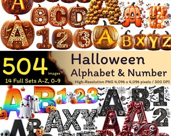504 Halloween-alfabet och siffror Mega-paket, Halloween-bokstäver PNG, Halloween PNG-designer för barn, Halloween Clipart-paket, 300 dpi