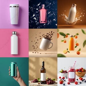 May include: A collection of images featuring drinks and containers. Includes a white travel mug, a pink bottle, a milk bottle with a splash, a white water bottle, a mug with coffee beans, a bottle of orange juice, a green can, a wine bottle, and a smoothie jar.