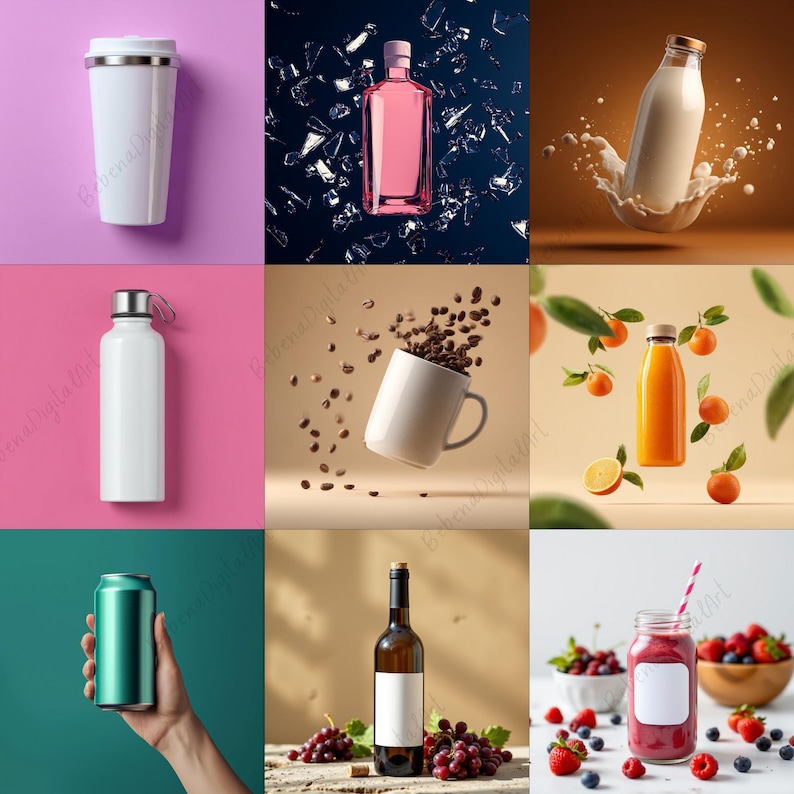 May include: A collection of images featuring drinks and containers. Includes a white travel mug, a pink bottle, a milk bottle with a splash, a white water bottle, a mug with coffee beans, a bottle of orange juice, a green can, a wine bottle, and a smoothie jar.
