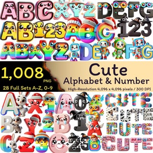 Pode incluir: Uma coleção de letras e números do alfabeto em estilo cartoon colorido. As letras e os números têm vários designs, incluindo robôs, chapéus e rostos fofos. O texto "Cute Alphabet & Number" também está presente.