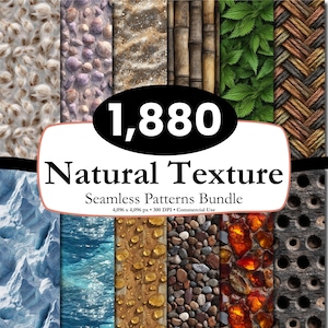 May include: A digital collection of 1,880 seamless natural texture patterns featuring diverse imagery including seashells, bamboo, green leaves, woven fibers, ice, water, water droplets, stones, amber, and wood with holes. Text reads 1,880 Natural Texture.