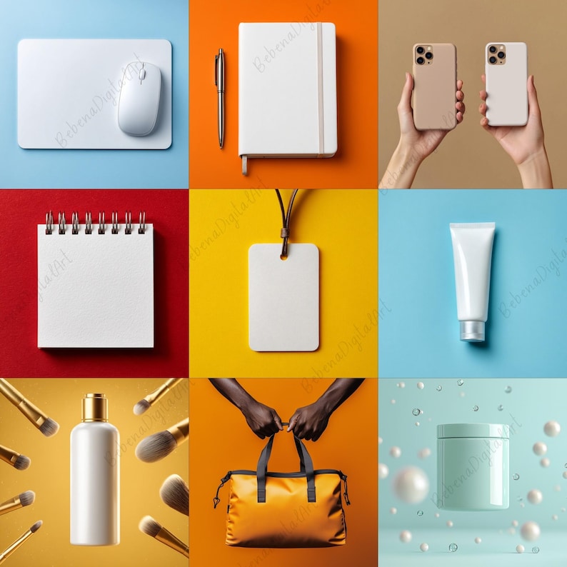 May include: A selection of product mockups on vibrant backgrounds. Features a white mouse and mat, a notebook and pen, two smartphones, a spiral-bound notepad, a blank tag, a cream tube, makeup brushes and a bottle, and a yellow duffel bag.