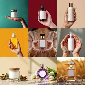 May include: A selection of cosmetic and skincare bottles and jars. The products include a clear jar with a gold lid, a brown bottle with a black pump, and a white bottle with a silver pump. The products have blank white labels.
