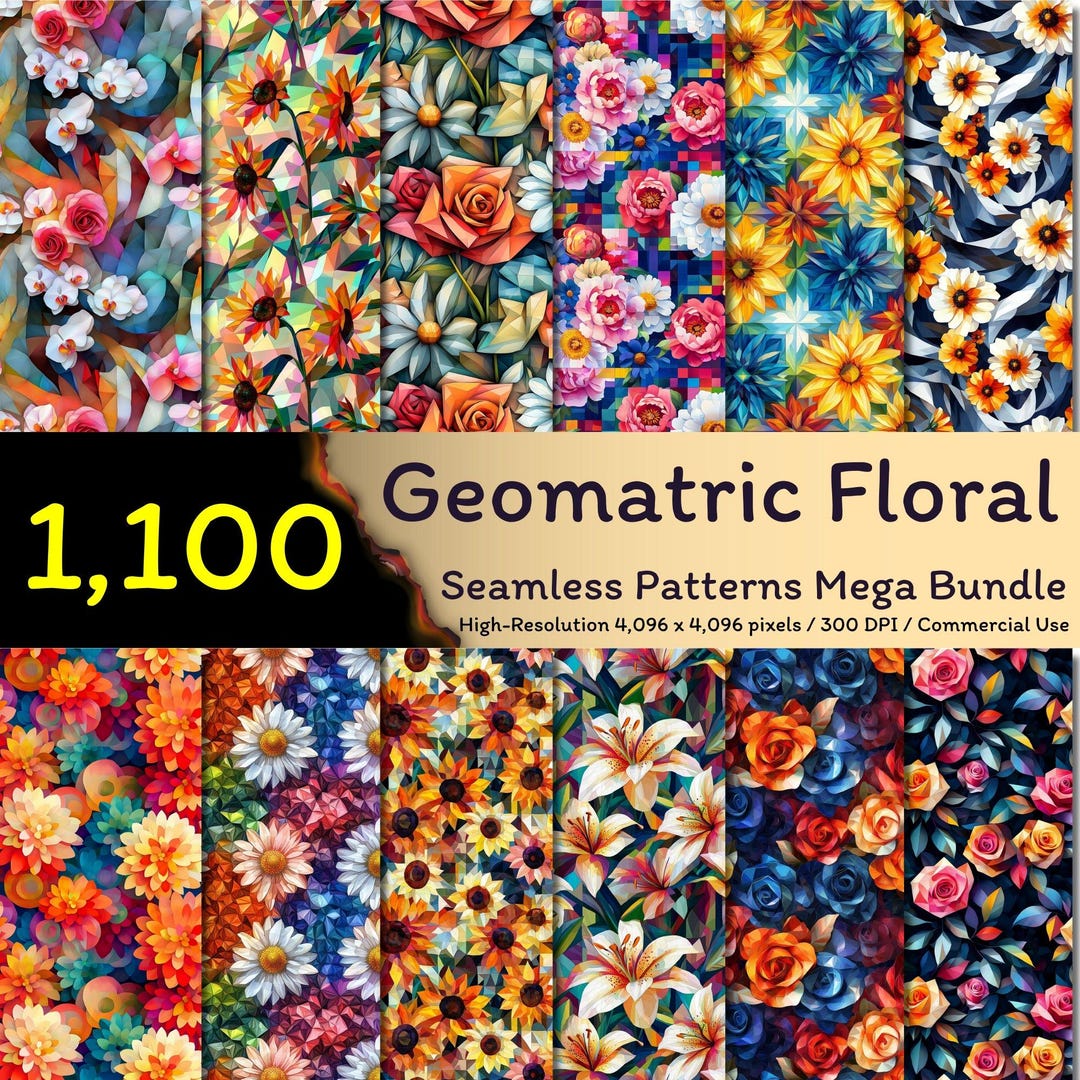 1,100 Geometric Floral Seamless Patterns Mega Bundle, Abstract Flower ...