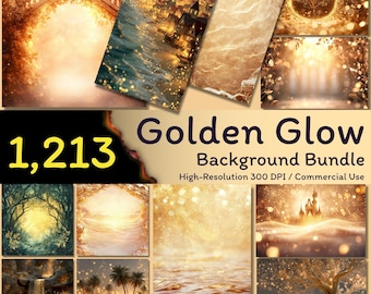 May include: A collection of digital backgrounds with a golden glow theme. The image features various scenes, including a bridge, a coastal town, and a tree, all illuminated with warm, golden light. Text reads "1,213 Golden Glow Background Bundle."