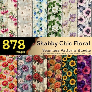 Puede incluir: Una descarga digital de 878 patrones florales shabby chic sin costuras. Los patrones presentan una variedad de flores, incluyendo girasoles, dalias, iris y anémonas. Los patrones están en alta resolución de 4.096 x 4.096 píxeles y 300 DPI.