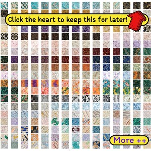 May include: A collection of 100 different digital paper patterns featuring various textures, colours, and designs. The patterns include marble, wood, floral, geometric, and abstract designs. The image also includes the text "Click the heart to keep this for later!" and "More ++".