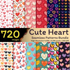 May include: A set of 12 digital seamless patterns featuring cute hearts in various styles. The patterns include hearts with faces, hearts with flowers, hearts with stars, and hearts with geometric patterns. The patterns are in a variety of colors, including red, pink, blue, green, yellow, and purple. The patterns are perfect for use in scrapbooking, card making, and other craft projects.