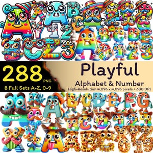 Lot de 288 alphabets ludiques et chiffres, lettres amusantes de A à Z, alphabet mignon PNG, cliparts ludiques, lettres en sublimation, usage Commercial, 300 dpi