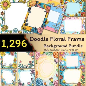 May include: A set of 10 doodle floral frames with a watercolour background. The frames are in various colours, including blue, yellow, pink, and green. The frames are decorated with flowers, leaves, and other floral elements. The text "Doodle Floral Frame Background Bundle" is at the bottom of the image. The text "High-Resolution images / 300 DPI" is below the bundle title.