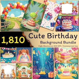 Può includere: Una collezione di sfondi digitali a tema compleanno. L'immagine include illustrazioni di torte, dinosauri, principesse e altri elementi festivi. Il testo sull'immagine recita "Cute Birthday Background Bundle" e "1,810". Alta risoluzione, 300 DPI, per uso commerciale.