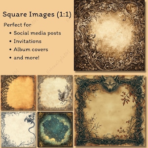 May include: A collection of square digital images with ornate borders and a central blank space. The images feature various designs, including a wolf, a dragon, and celestial elements. Text on the left reads "Square Images (1:1)" and "Perfect for..."
