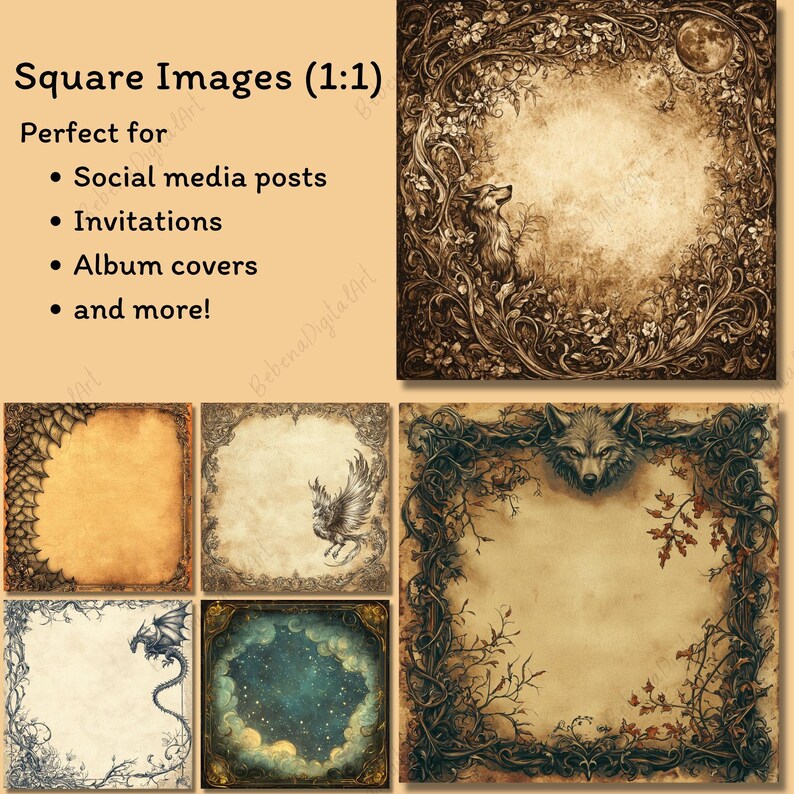May include: A collection of square digital images with ornate borders and a central blank space. The images feature various designs, including a wolf, a dragon, and celestial elements. Text on the left reads "Square Images (1:1)" and "Perfect for..."