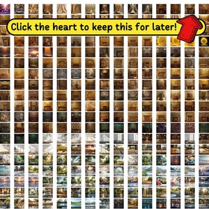 May include: A grid of various digital backdrops, featuring diverse themes such as ornate interiors, nature scenes, and abstract designs. The backdrops showcase a range of colors and styles, suitable for photography or digital art. Text in the image reads: "Click the heart to keep this for later!"