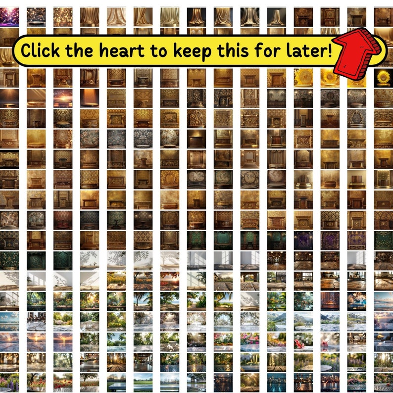 May include: A grid of various digital backdrops, featuring diverse themes such as ornate interiors, nature scenes, and abstract designs. The backdrops showcase a range of colors and styles, suitable for photography or digital art. Text in the image reads: "Click the heart to keep this for later!"