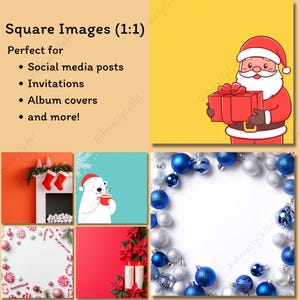 以下が含まれることがあります： クリスマスのテーマの4つの正方形の画像のコラージュ。一番上の画像は、赤いプレゼントボックスを持った漫画のサンタクロース。2番目の画像は、ホットチョコレートのカップを持った白いホッキョクグマ。3番目の画像は、青と銀のクリスマスオーナメントの縁取りがされた白い背景。4番目の画像は、ポインセチアと2本の白いろうそくのある赤い背景です。