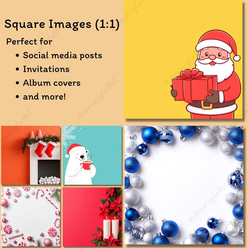以下が含まれることがあります： クリスマスのテーマの4つの正方形の画像のコラージュ。一番上の画像は、赤いプレゼントボックスを持った漫画のサンタクロース。2番目の画像は、ホットチョコレートのカップを持った白いホッキョクグマ。3番目の画像は、青と銀のクリスマスオーナメントの縁取りがされた白い背景。4番目の画像は、ポインセチアと2本の白いろうそくのある赤い背景です。