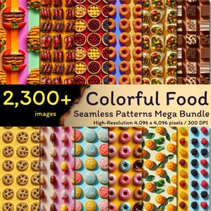 Pode incluir: Uma coleção de mais de 2.300 padrões de comida coloridos sem costura em um mega pacote. Os padrões apresentam vários alimentos como donuts, frutas, biscoitos e muito mais. Cada padrão é de alta resolução, medindo 4.096 x 4.096 pixels a 300 DPI.