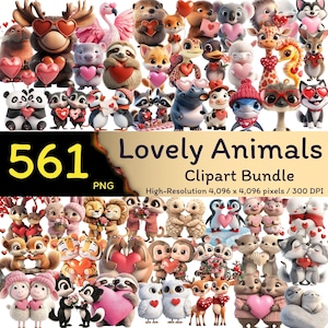 Paquete de 561 imágenes prediseñadas de animales encantadores, lindos animales 3D PNG, paquete de imágenes PNG de San Valentín con animales, paquete de imágenes PNG de sublimación, 300 ppp, uso comercial