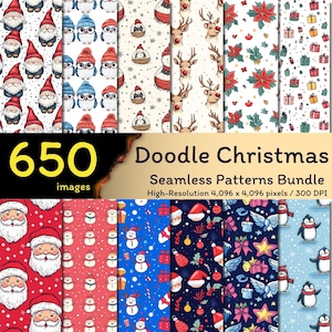 May include: A set of 10 digital Christmas seamless patterns featuring various festive designs, including Santa Claus, penguins, snowmen, reindeer, and gift boxes. The patterns are in a doodle style and are perfect for creating holiday crafts, wrapping paper, and other festive projects.