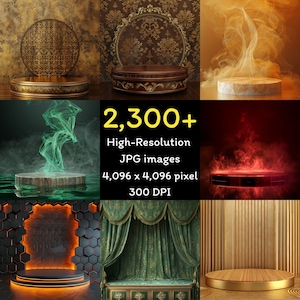 May include: A collage of product display platforms with various designs and backgrounds. The platforms include wood, marble, and metal, with decorative elements and lighting. The image also includes text that reads "2,300+ High-Resolution JPG images 4,096 x 4,096 pixel 300 DPI."