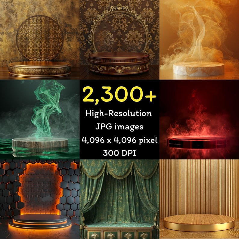 May include: A collage of product display platforms with various designs and backgrounds. The platforms include wood, marble, and metal, with decorative elements and lighting. The image also includes text that reads "2,300+ High-Resolution JPG images 4,096 x 4,096 pixel 300 DPI."