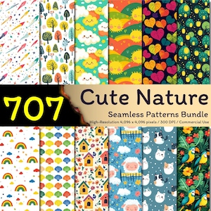 May include: A selection of vibrant seamless patterns featuring nature-inspired designs. Patterns include rainbows, trees, clouds, hearts, and animals. The text reads "707 Cute Nature Seamless Patterns Bundle". The image is high-resolution at 4,096 x 4,096 pixels.