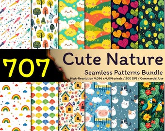 707 Cute Nature Seamless Patterns Bundle, Colorful Backgrounds, Kids Digital Paper Patterns, Nursery Seamless, 300dpi, Commercial Use