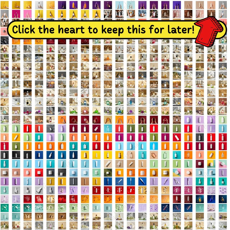 May include: A collection of product images, featuring bottles, tubes, and decorative items, arranged on a grid with diverse, colourful backgrounds. The text "Click the heart to keep this for later!" is visible.