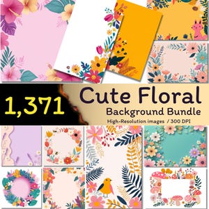 Könnte beinhalten: Ein Set mit 10 niedlichen floralen Hintergrundillustrationen. Die Hintergründe zeigen eine Vielzahl von Blumen, Blättern und anderen Elementen in einer Pastellfarbpalette. Die Hintergründe eignen sich perfekt für den Einsatz in digitalem Scrapbooking, Kartenherstellung und anderen kreativen Projekten.