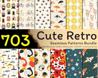 703 Cute Retro Seamless Patterns Bundle,  Minimalist Backgrounds, Boho Digital Paper, Kids Seamless File, Background Bundle, Commercial Use