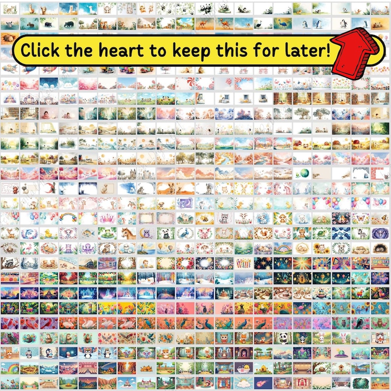 May include: A grid of watercolor art prints featuring various animals, landscapes, and whimsical scenes. The prints are in a variety of sizes and styles, with a text overlay that reads "Click the heart to keep this for later!" and an arrow.