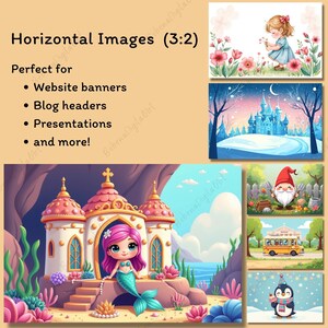 May include: A collection of digital art images, including a mermaid, a castle, a girl with flowers, a winter castle, a gnome, a school bus, and a penguin. The text reads "Horizontal Images (3:2)" and lists uses for website banners, blog headers, and presentations.